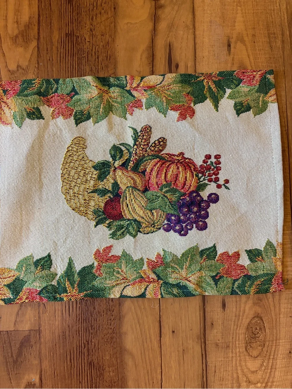 Harvest Cornucopia Tapestry Table Runner in Cream, Orange, Green 68x13 EUC